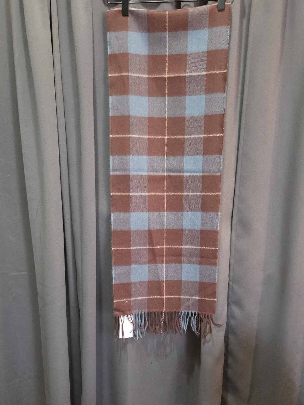 Plaid Fringe Scarf in Brown and Light Blue